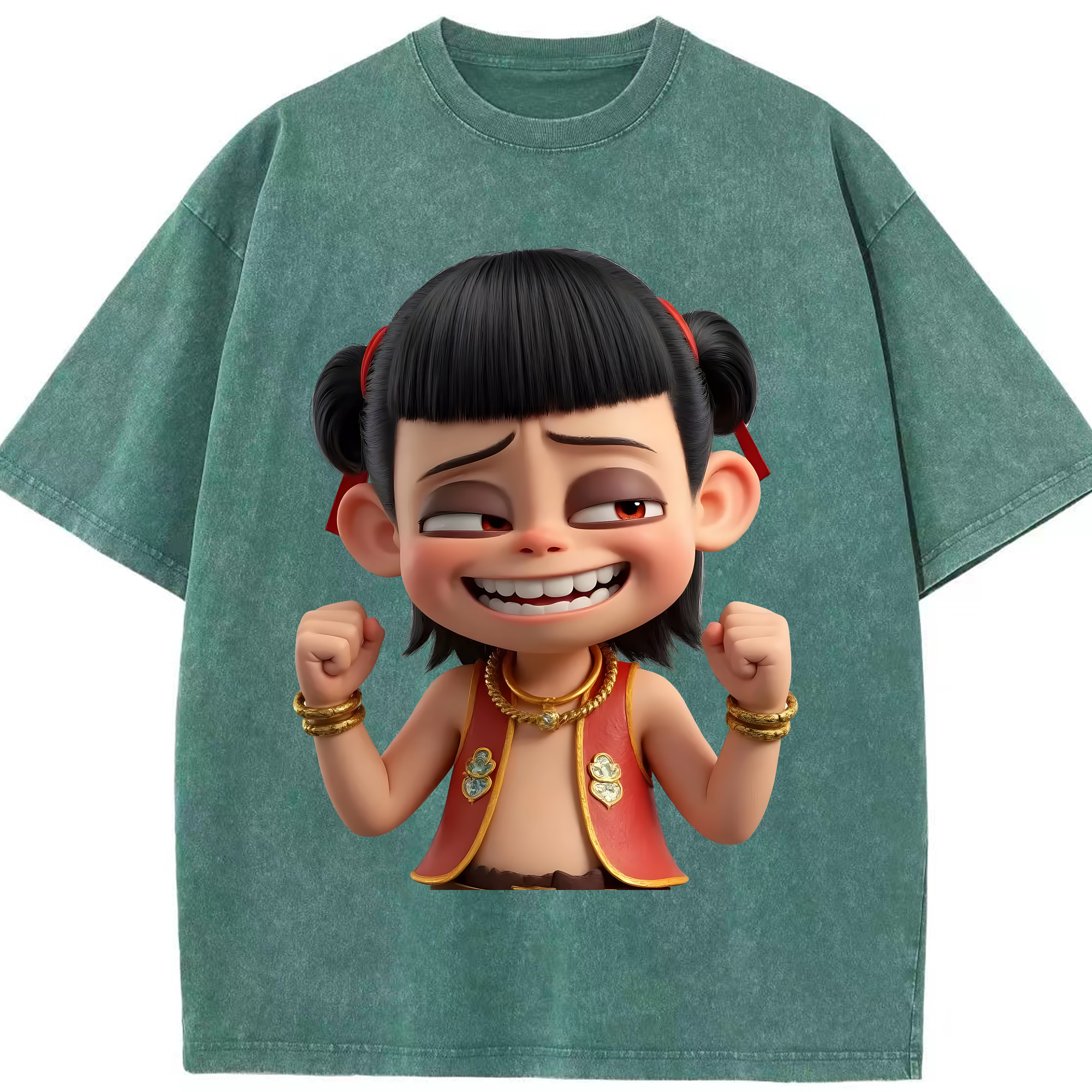 （画像用） Ne Zha 2 ナタ 魔童の大暴れ 綿100% ヴィンテージ風 半袖Tシャツ（フロントプリント）